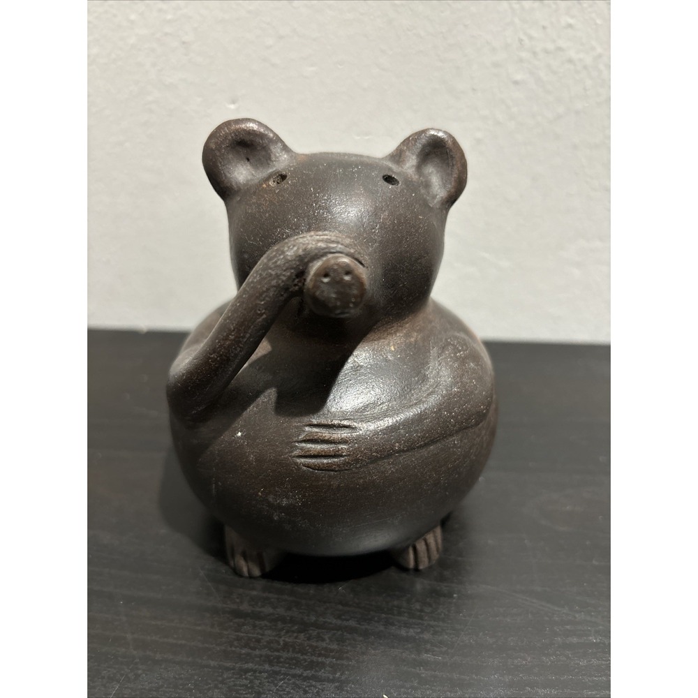Rare Pig Figurine 4.5" Black Clay Terracotta Pottery 1980's *Small Hand Chip*